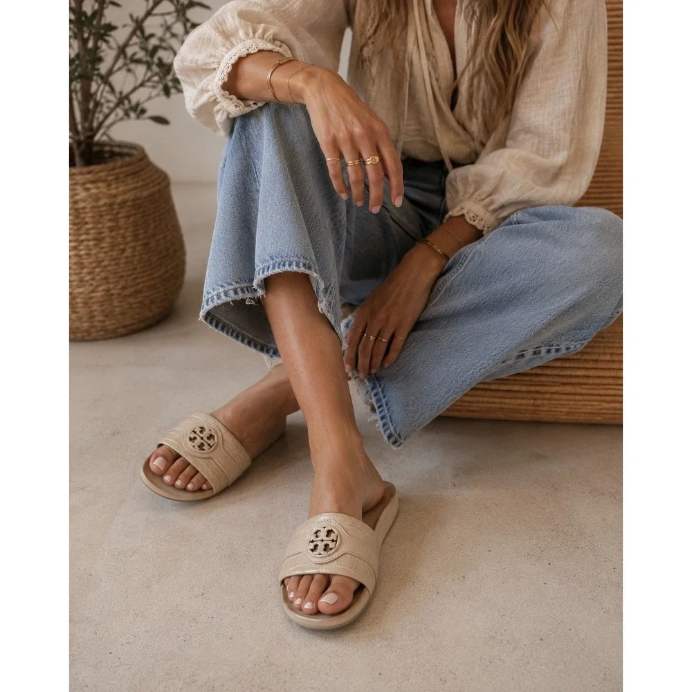 Tory Burch Miller Cloud Cream Croc Embossed Leather Slide Sandals 8M